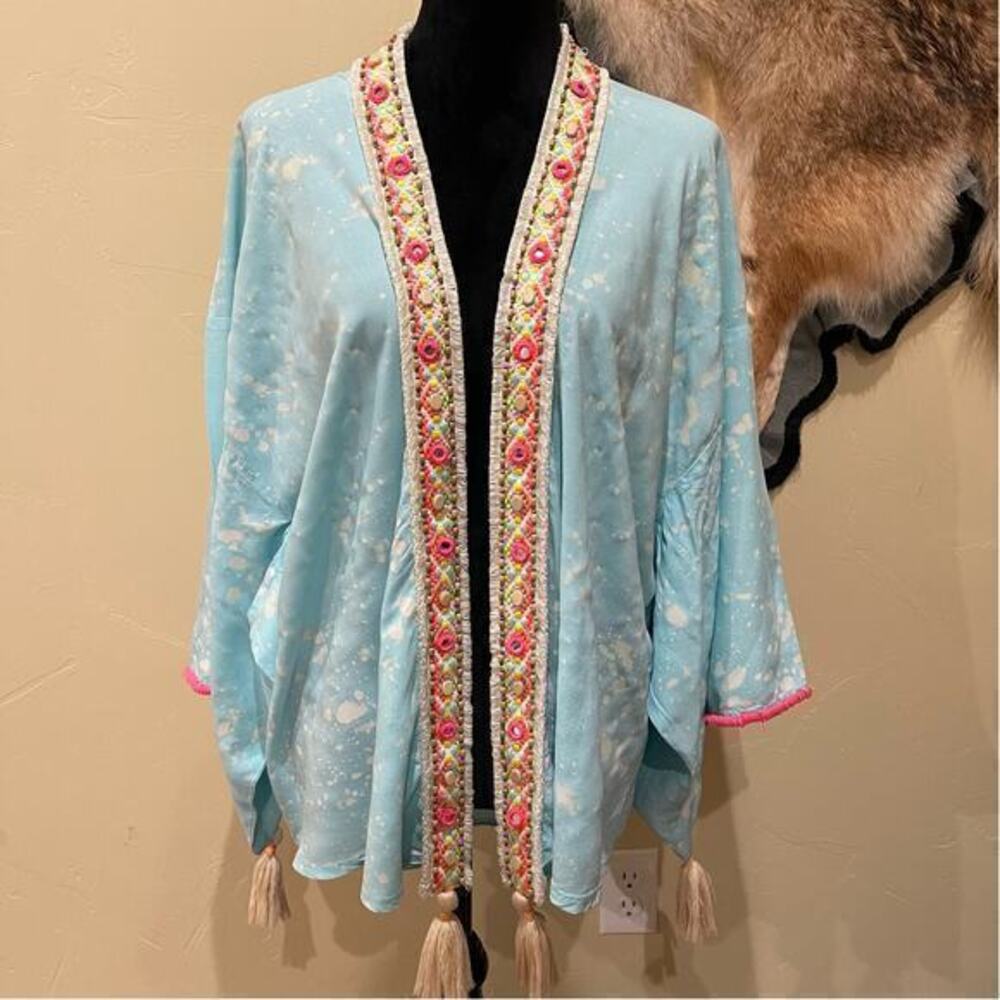Skemo Boho Chic Splatter Print Kimono Tassels Cover Up Resortwear Vacation Beach
